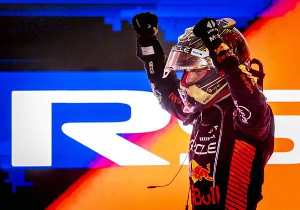 QATAR - Max Verstappen (Red Bull Racing) celebrates victory after the Formula 1 Grand Prix race at the Lusail International Circuit in Qatar. Max Verstappen became world champion a day earlier during the sprint race. ANP SEM VAN DER WAL Race 2023 2024 xVIxANPxSportx xxANPxIVx 480612145 originalFilename: 480612145.jpg