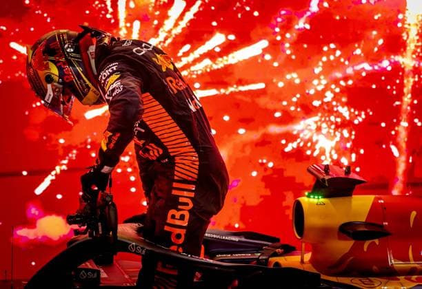 QATAR - Max Verstappen (Red Bull Racing) celebrates victory after the Formula 1 Grand Prix race at the Lusail International Circuit in Qatar. Max Verstappen became world champion a day earlier during the sprint race. ANP SEM VAN DER WAL Race 2023 2024 xVIxANPxSportx xxANPxIVx 480612157 originalFilename: 480612157.jpg