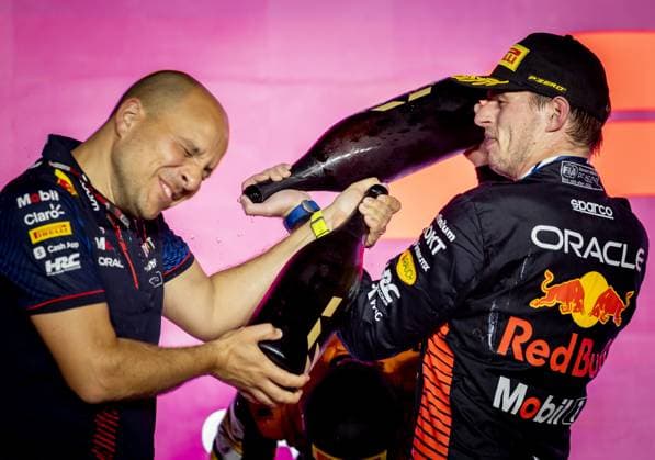 QATAR - Max Verstappen (Red Bull Racing) celebrates victory after the Formula 1 Grand Prix race at the Lusail International Circuit in Qatar. Max Verstappen became world champion a day earlier during the sprint race. ANP SEM VAN DER WAL Race 2023 2024 xVIxANPxSportx xxANPxIVx 480613691 originalFilename: 480613691.jpg