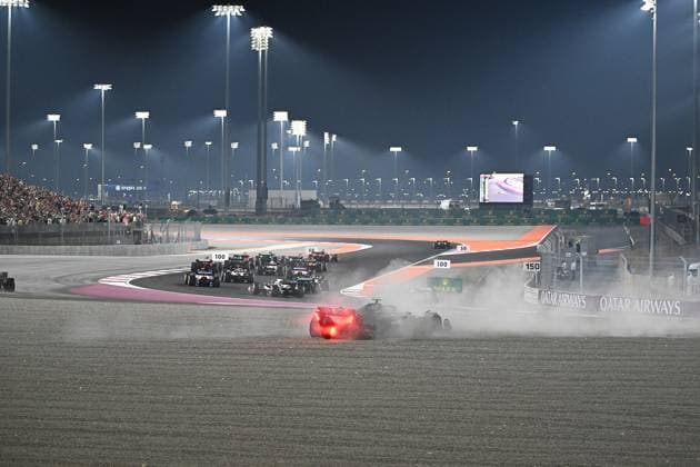 Formula 1 Qatar Airways Qatar Grand Prix 2023 08 10 2023, Losail International Circuit, Doha, Formula 1 Qatar Airways Qatar Grand Prix 2023 ,in the picture race start accident between Lewis Hamilton GBR , Mercedes AMG Petronas Formula One Team and George Russell GBR , Mercedes AMG Petronas Formula One Team nordphotoxGmbHx xBratic nph00250