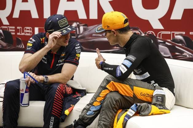 VERSTAPPEN Max (ned), Red Bull Racing RB19, portrait NORRIS Lando (gbr), McLaren F1 Team MCL60, portrait press conference, PK, Pressekonferenz during the 2023 Formula 1 Qatar Grand Prix, 17th round of the 2023 Formula One World Championship, WM, Weltmeisterschaft from October 6 to 8, 2023 on the Lusail International Circuit, in Doha, Qatar - F1 - QATAR GRAND PRIX 2023 - RACE DPPI Panoramic 00123039__R3_9704
