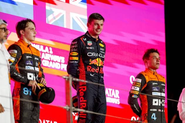 81 Oscar Piastri AUS, McLaren F1 Team , 1 Max Verstappen NLD, Oracle Red Bull Racing , 4 Lando Norris GBR, McLaren F1 Team , F1 Grand Prix of Qatar at Lusail International Circuit on October 8, 2023 in Doha, Qatar Photo by HOCH ZWEI Doha Qatar