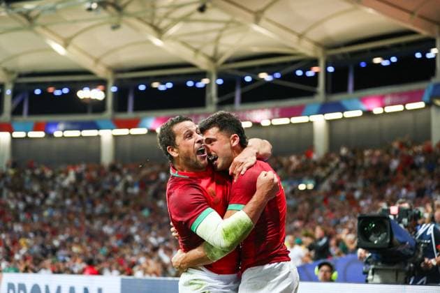 Sport Themen der Woche KW40 Sport Bilder des Tages RWC - Fiji v Portugal Jose Lima 12 of Portugal and Raffaele Storti 14 of Portugal celebrate the first try of Portugal during the Rugby World Cup Pool C match between Fiji and Portugal at Stade de Toulouse on October 08, 2023 in Toulouse, France. Photo by Baptiste Paquot ABACAPRESS.COM  Copyright: xPaquotxBaptiste ABACAx 870914_002 PaquotxBaptiste ABACAx 870914_002
