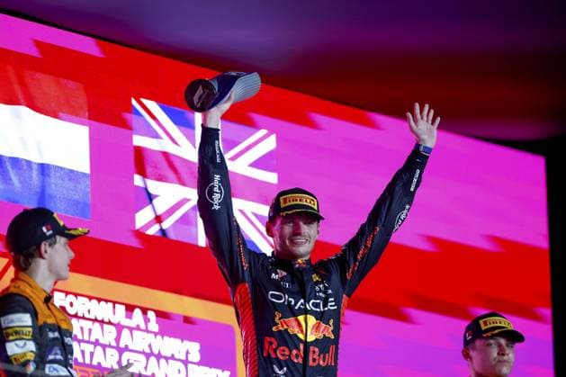 VERSTAPPEN Max (ned), Red Bull Racing RB19, portrait celebration podium trophy during the 2023 Formula 1 Qatar Grand Prix, 17th round of the 2023 Formula One World Championship, WM, Weltmeisterschaft from October 6 to 8, 2023 on the Lusail International Circuit, in Doha, Qatar - F1 - QATAR GRAND PRIX 2023 - RACE DPPI Panoramic  F12023GP18QAT_JK199356