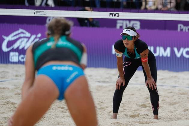 Italy Vs Japan Women™s Match - Beach volleyball, Beachvolleyball World Cup October 6, 2023, Tlaxcala, Mexico: Sayaka Mizoe (2) of Japan competes against team Italy during the Women™s Japan vs Italy match of the Beach Volleyball World Cup. on October 6, 2023 in Tlaxcala, Mexico. (Photo by Essene Hernandez Eyepix Group) Copyright: xEssenexHernandez xEyepixxGroupx EH_09102023_100598