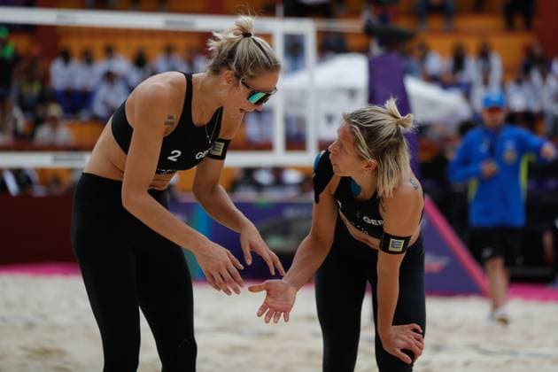Brazil Vs Germany Women™s Match - Beach volleyball, Beachvolleyball World Cup October 9, 2023, Tlaxcala, Mexico: Louisa Lippmann (2) and Laura Ludwig (1) of team Germany compete against team Brazil during the Brazil vs Germany Women™s match of the Beach Volleyball World Cup. on October 9, 2023 in Tlaxcala, Mexico. (Photo by Essene Hernandez Eyepix Group) Copyright: xEssenexHernandez xEyepixxGroupx EH_09102023_100618