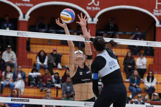 Brazil Vs Germany Women™s Match - Beach volleyball, Beachvolleyball World Cup October 9, 2023, Tlaxcala, Mexico: Carolina Solberg (1) of Brazil competes against Louisa Lippmann (2) of team Germany during the Brazil vs Germany Women™s match of the Beach Volleyball World Cup. on October 9, 2023 in Tlaxcala, Mexico. (Photo by Essene Hernandez Eyepix Group) Copyright: xEssenexHernandez xEyepixxGroupx EH_09102023_100637