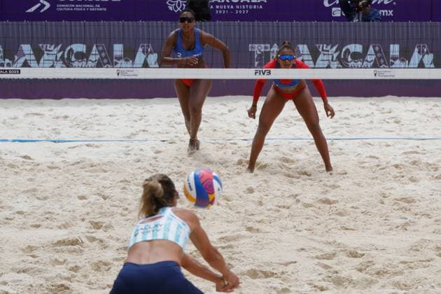 Ecuador Vs Argentina Women s Beach World Championship, WM, Weltmeisterschaft Tlaxcala October 9, 2023, Tlaxcala, Mexico: Karelys Simisterra Ortiz (2) and Ariana Castro Jarrin (1) of Ecuador compete against team Argentina during the Ecuador vs Argentina match of Women s Beach World Championship Tlaxcala. on October 9, 2023 in Tlaxcala, Mexico. (Photo by Essene Hernandez Eyepix Group) Copyright: xEssenexHernandez xEyepixxGroupx EH_09102023_100698
