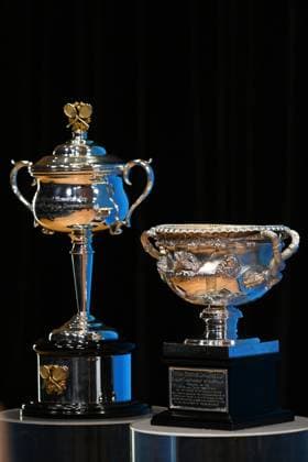 TENNIS AUS OPEN LAUNCH, The Daphne Akhurst Memorial Cup and the Norman Brookes Challenge Cup are seen during the launch of the 2024 Australian Open tennis tournament at Melbourne Park in Melbourne, Wednesday, October 11, 2023. ( NO ARCHIVING, EDITORIAL USE ONLY, NO USE IN BOOKS WITHOUT CONSENT MELBOURNE VICTORIA AUSTRALIA  Copyright: xJAMESxROSSx 20231011001850986387