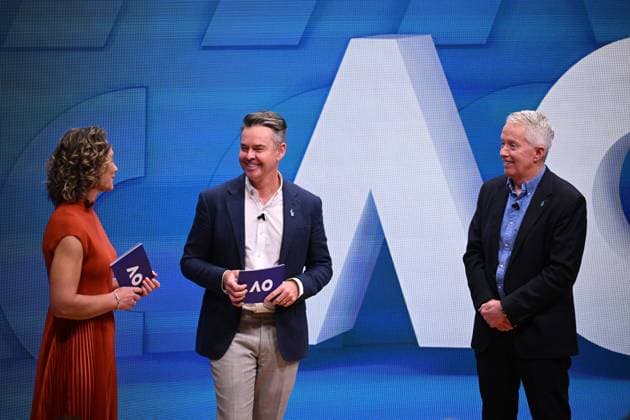 TENNIS AUS OPEN LAUNCH, Former Australian tennis players Samantha Stosur (left) and Todd Woodbridge (centre) with Australian Open Tournament Director and CEO of Tennis Australia, Craig Tiley during the launch of the 2024 Australian Open tennis tournament at Melbourne Park in Melbourne, Wednesday, October 11, 2023. ( NO ARCHIVING, EDITORIAL USE ONLY, NO USE IN BOOKS WITHOUT CONSENT MELBOURNE VICTORIA AUSTRALIA  Copyright: xJAMESxROSSx 20231011001850987307