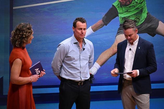 TENNIS AUS OPEN LAUNCH, (L-R) Samantha Stosur, Lleyton Hewitt and Todd Woodbridge in conversation during the launch of the 2024 Australian Open tennis tournament at Melbourne Park in Melbourne, Wednesday, October 11, 2023. ( NO ARCHIVING, EDITORIAL USE ONLY, NO USE IN BOOKS WITHOUT CONSENT MELBOURNE VICTORIA AUSTRALIA  Copyright: xJAMESxROSSx 20231011001850987530