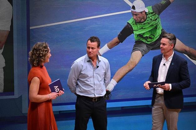 TENNIS AUS OPEN LAUNCH, (L-R) Samantha Stosur, Lleyton Hewitt and Todd Woodbridge in conversation during the launch of the 2024 Australian Open tennis tournament at Melbourne Park in Melbourne, Wednesday, October 11, 2023. ( NO ARCHIVING, EDITORIAL USE ONLY, NO USE IN BOOKS WITHOUT CONSENT MELBOURNE VICTORIA AUSTRALIA  Copyright: xJAMESxROSSx 20231011001850987821