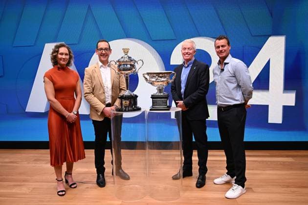 TENNIS AUS OPEN LAUNCH, (L-R) Former Australian tennis player Samantha Stosur, Victorian Minister for Tourism, and Major Events, Steve Dimopoulos, Australian Open Tournament Director and CEO of Tennis Australia, Craig Tiley and Former Australian tennis players Lleyton Hewitt pose for a photograph with the Daphne Akhurst Memorial Cup and the Norman Brookes Challenge Cup during the launch of the 2024 Australian Open tennis tournament at Melbourne Park in Melbourne, Wednesday, October 11, 2023. ( NO ARCHIVING, EDITORIAL USE ONLY, NO USE IN BOOKS WITHOUT CONSENT MELBOURNE VICTORIA AUSTRALIA Copyright: xJAMESxROSSx 20231011001850989969