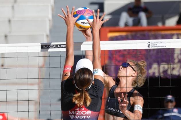 Women™s Match Lithuania Vs Japan Beach volleyball, Beachvolleyball World Cup October 10, 2023, Tlaxcala, Mexico: Monika PaulikienÄ— (R) of Lithuania competes against Sayaka Mizoe (L) of team Japan during the Beach Volleyball World Cup Women s match between Lithuania and Japan. on October 10, 2023 in Tlaxcala, Mexico. (Photo by Essene Hernandez Eyepix Group) Copyright: xEssenexHernandez xEyepixxGroupx EH_10102023_100878