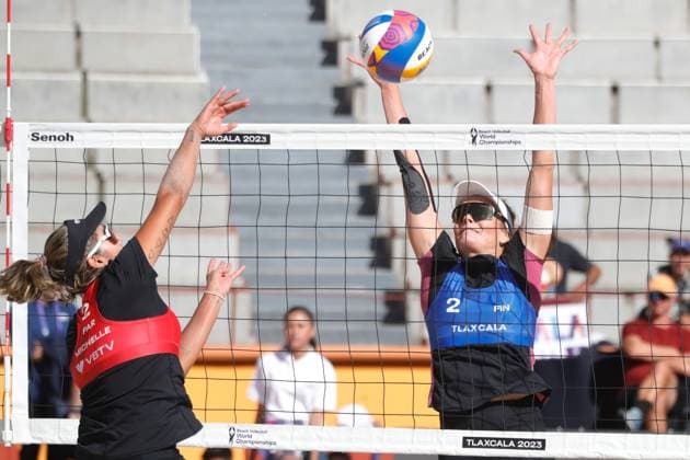 Women™s Match Finland Vs Paraguay Beach volleyball, Beachvolleyball World Cup October 10, 2023, Tlaxcala, Mexico: Taru Lahti-Liukkonen (R) of Finland competes against Michelle Valiente (L) of Paraguay during the Beach Volleyball World Cup Women s match between Finland and Paraguay. on October 10, 2023 in Tlaxcala, Mexico. (Photo by Essene Hernandez Eyepix Group) Copyright: xEssenexHernandez xEyepixxGroupx EH_10102023_100894