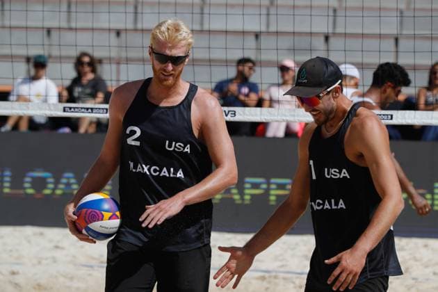 Men™s Match USA Vs Mexico Beach volleyball, Beachvolleyball World Cup October 10, 2023, Tlaxcala, Mexico: Chase Budinger (L) and Miles Evans of United States competes against team Mexico during the Beach Volleyball World Cup Men s match between USA and Mexico. on October 10, 2023 in Tlaxcala, Mexico. (Photo by Essene Hernandez Eyepix Group) Copyright: xEssenexHernandez xEyepixxGroupx EH_10102023_100905
