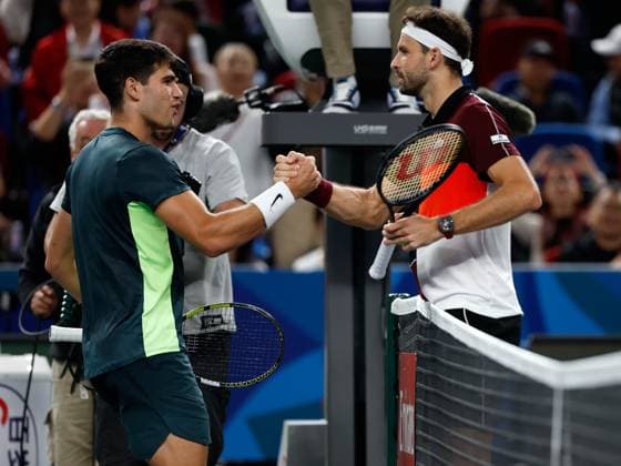 (231011) -- SHANGHAI, Oct. 11, 2023 -- Carlos Alcaraz (L) greets Grigor Dimitrov after the men s singles round of 16 match between Carlos Alcaraz of Spain and Grigor Dimitrov of Bulgaria at the ATP, Tennis Herren Shanghai Masters tennis tournament in Shanghai, east China, Oct. 11, 2023. ) (SP)CHINA-SHANGHAI-TENNIS-ATP TOUR-SHANGHAI MASTERS(CN) WangxLili 