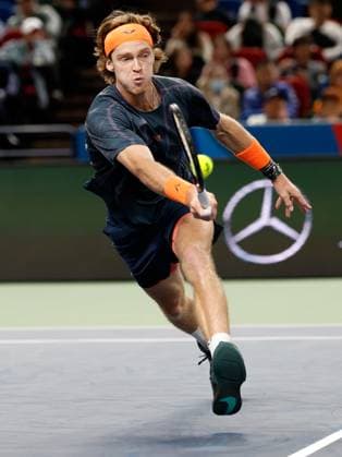 (231011) -- SHANGHAI, Oct. 11, 2023 -- Andrey Rublev returns the ball during the men s singles round of 16 match between Tommy Paul of the United States and Andrey Rublev of Russia at the ATP, Tennis Herren Shanghai Masters tennis tournament in Shanghai, east China, Oct. 11, 2023. ) (SP)CHINA-SHANGHAI-TENNIS-ATP TOUR-SHANGHAI MASTERS(CN) WangxLili 