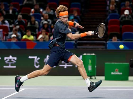 (231011) -- SHANGHAI, Oct. 11, 2023 -- Andrey Rublev returns the ball during the men s singles round of 16 match between Tommy Paul of the United States and Andrey Rublev of Russia at the ATP, Tennis Herren Shanghai Masters tennis tournament in Shanghai, east China, Oct. 11, 2023. ) (SP)CHINA-SHANGHAI-TENNIS-ATP TOUR-SHANGHAI MASTERS(CN) WangxLili 