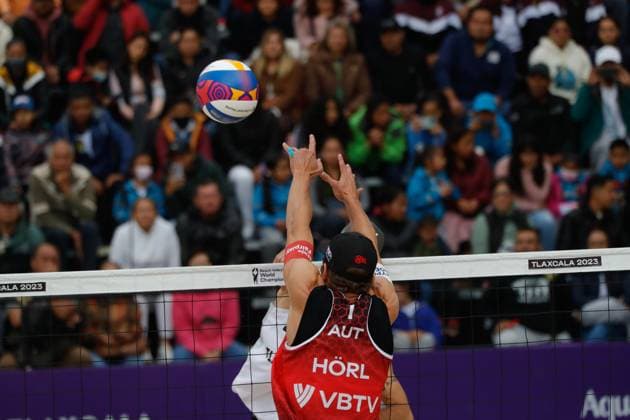 October 11, 2023, Tlaxcala, Mexico: Clemens Wickler of Germany (L) competes against Julian HoÂ¶rl of Austria (R) during the Beach volleyball, Beachvolleyball World Cup Men s match between Austria and Germany. on October 11, 2023 in Tlaxcala, Mexico. Tlaxcala Mexico - ZUMAe321 0307937123st Copyright: xEssenexHernandezx