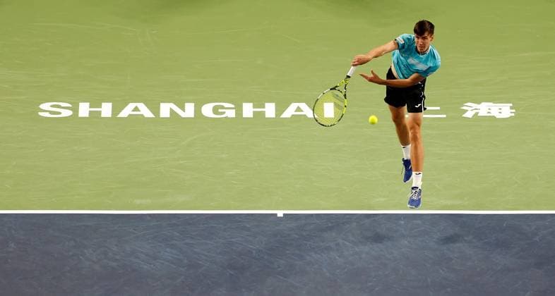 (231012) -- SHANGHAI, Oct. 12, 2023 -- Fabian Marozsan serves during the men s singles quaterfinal between Fabian Marozsan of Hungary and Hubert Hurkacz of Poland at the ATP, Tennis Herren World Tour Shanghai Masters tennis tournament at Qizhong Forest Sports City Arena in Shanghai, east China, Oct. 12, 2023. ) (SP)CHINA-SHANGHAI-TENNIS-ATP TOUR-SHANGHAI MASTERS(CN) WangxLili 