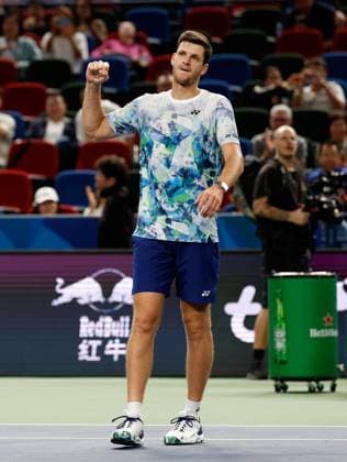 (231012) -- SHANGHAI, Oct. 12, 2023 -- Hubert Hurkacz celebrates after winning the men s singles quaterfinal between Fabian Marozsan of Hungary and Hubert Hurkacz of Poland at the ATP, Tennis Herren World Tour Shanghai Masters tennis tournament at Qizhong Forest Sports City Arena in Shanghai, east China, Oct. 12, 2023. ) (SP)CHINA-SHANGHAI-TENNIS-ATP TOUR-SHANGHAI MASTERS(CN) WangxLili 