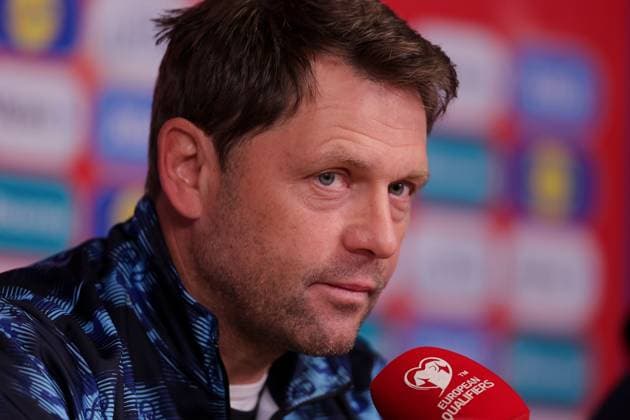 Luc Holtz national coach Luxembourg football, season 203 2024, international match, national team, European Championship qualification 12 10 2023 Iceland Luxembourg press conference Laugardalsvöllur, Reykjavik