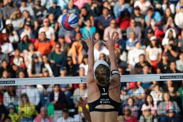 Beach volleyball, Beachvolleyball World Cup Women s Quarterfinals Brazil Vs Germany October 12, 2023, Tlaxcala, Mexico: Svenja Müller of Germany competes against team Brazil during the Beach Volleyball World Cup Women s Quarterfinals between Germany and Brazil. on October 12, 2023 in Tlaxcala, Mexico. (Photo by Essene Hernandez Eyepix Group) Copyright: xEssenexHernandez xEyepixxGroupx EH_12102023_101181