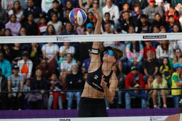 Beach volleyball, Beachvolleyball World Cup Women s Quarterfinals Brazil Vs Germany October 12, 2023, Tlaxcala, Mexico: Cinja Tillmann of Germany competes against team Brazil during the Beach Volleyball World Cup Women s Quarterfinals between Germany and Brazil. on October 12, 2023 in Tlaxcala, Mexico. (Photo by Essene Hernandez Eyepix Group) Copyright: xEssenexHernandez xEyepixxGroupx EH_12102023_101186