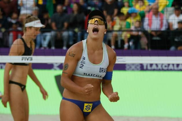 Beach volleyball, Beachvolleyball World Cup Women s Quarterfinals Brazil Vs Germany October 12, 2023, Tlaxcala, Mexico: Victoria Lopes of Brazil reacts after match point during the Beach Volleyball World Cup Women s Quarterfinals between Germany and Brazil. on October 12, 2023 in Tlaxcala, Mexico. (Photo by Essene Hernandez Eyepix Group) Copyright: xEssenexHernandez xEyepixxGroupx EH_12102023_101203