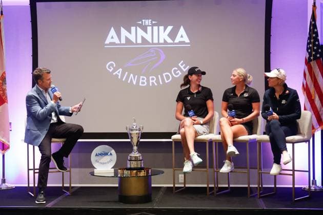 October 12, 2023, Belleair, Florida, USA: From left to right, Reporter Todd Lewis asks questions to LPGA, Golf Damen Tour winner and Tampa resident Elizabeth Szokol, South Carolinaâ€⠢s Louise Rydqvist and golf hall of famer Annika Sorenstam during a media day event at the Pelican Golf Club on Thursday, Oct. 12, 2023, in Belleair. Belleair USA - ZUMAs70_ 0308116097st Copyright: xJeffereexWoox