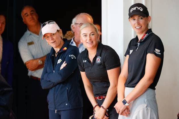 October 12, 2023, Belleair, Florida, USA: From left to right, golf hall of famer Annika Sorenstam, South Carolinaâ€⠢s Louise Rydqvist, and LPGA, Golf Damen Tour winner and Tampa resident Elizabeth Szokol watch guests putt for charity during the BayCare Birdies for Babies Putting Challenge at the Pelican Golf Club on Thursday, Oct. 12, 2023, in Belleair. Belleair USA - ZUMAs70_ 0308116221st Copyright: xJeffereexWoox