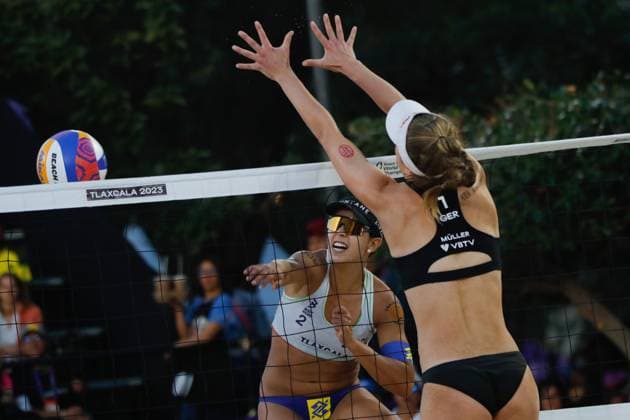 October 12, 2023, Tlaxcala, Mexico: Victoria Lopes of Brazil competes against Svenja MoÂ¼ller of Germany during the Beach volleyball, Beachvolleyball World Cup Women s Quarterfinals between Germany and Brazil. on October 12, 2023 in Tlaxcala, Mexico. Tlaxcala Mexico - ZUMAe321 0308180240st Copyright: xEssenexHernandezx