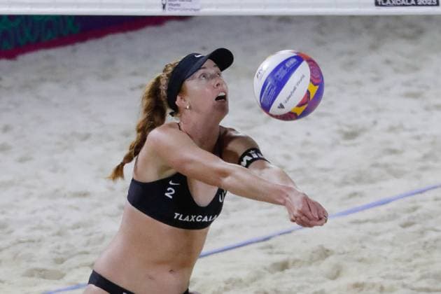Beach volleyball, Beachvolleyball World Cup - Mexico Kelly Cheng of USA competes against team Latvia during the Beach Volleyball World Cup Women s Quarterfinals between USA and Latvia. Tlaxcala, Mexico, October 12, 2023. Photo by Essene Hernandez Eyepix Group ABACAPRESS.COM Tlaxcala Mexico  Copyright: xEyepix ABACAx 871506_038 Eyepix ABACAx 871506_038