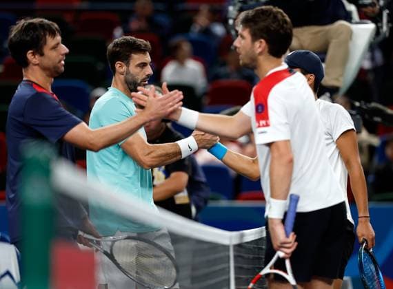 (231013) -- SHANGHAI, Oct. 13, 2023 -- Marcel Granollers (2nd L) of Spain Horacio Zeballos(1st L) of Argentina shake hands with Rinky Hijikata (1st R) of Australia Cameron Norrie of Britain after their men s doubles semifinal at the ATP, Tennis Herren World Tour Shanghai Masters tennis tournament at Qizhong Forest Sports City Arena in Shanghai, east China, Oct. 13, 2023. ) (SP)CHINA-SHANGHAI-TENNIS-ATP TOUR-SHANGHAI MASTERS(CN) WangxLili 