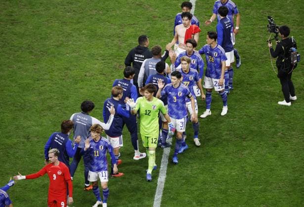 Football: friendly between Japan and Canada Japan players celebrate after beating Canada in a football friendly at Denka Big Swan Stadium in Niigata on Oct. 13, 2023.  A14AA0002013771P