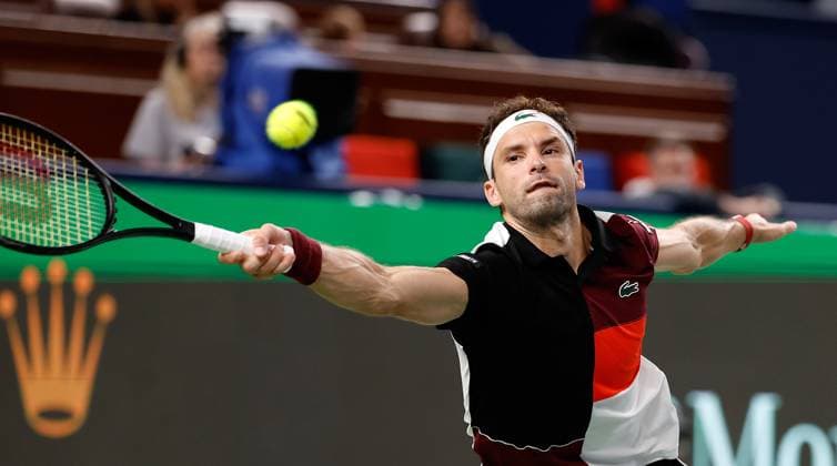 (231013) -- SHANGHAI, Oct. 13, 2023 -- Grigor Dimitrov returns the ball during the men s singles quaterfinal between Grigor Dimitrov of Bulgaria and Nicolas Jarry of Chile at the ATP, Tennis Herren World Tour Shanghai Masters tennis tournament at Qizhong Forest Sports City Arena in Shanghai, east China, Oct. 13, 2023. ) (SP)CHINA-SHANGHAI-TENNIS-ATP TOUR-SHANGHAI MASTERS(CN) WangxLili 