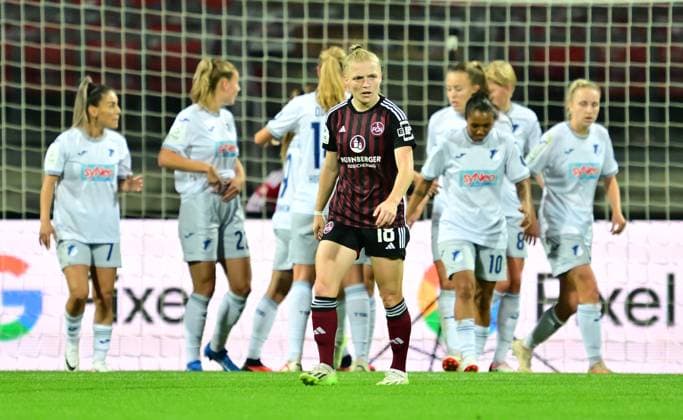 13 10 2023 football season 2023 2024 1 women football Bundesliga 04 matchday 1 FC Nürnberg FCN club TSG 1899 Hoffenheim sports photo zinc xwoxzix Franziska May 18, 1 FC Nürnberg FCN disappointed disappointment behind goal jubilation joy after goal goal shot to 1 0 by Jill Janssens 9, TSG Hoffenheim