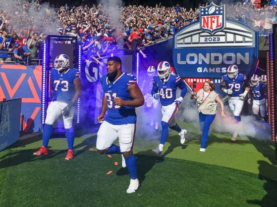Dion Dawkins (Buffalo Bills 73), Ed Oliver (Buffalo Bills 91), Von Miller (Buffalo Bills 40), Spencer Brown (Buffalo Bills 79), Buffalo Bills vs. Jacksonville Jaguars, American Football, National Football League, Week 5, Saison 2023, 08.10.2023, Buffalo Bills vs. Jacksonville Jaguars, American Football, National Football League, Week 5, Saison 2023, 08.10.2023 London *** Dion Dawkins Buffalo Bills 73 , Ed Oliver Buffalo Bills 91 , Von Miller Buffalo Bills 40 , Spencer Brown Buffalo Bills 79 , Buffalo Bills vs Jacksonville Jaguars, American football, National Football League, Week 5, 2023 season, 08 10 2023, Buffalo Bills vs Jacksonville Jaguars, American football, National Football League, Week 5, 2023 season, 08 10 2023 London Copyright: xEibner-Pressefoto FlorianxSchustx EP_FSU