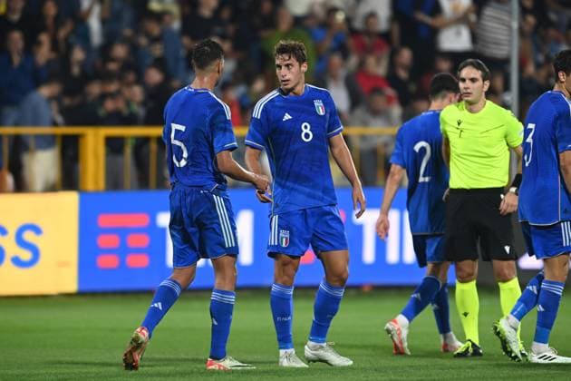 Foto Francesco Mazzitello LaPresse 13 ottobre 2023 Catanzaro, Italia - calcio - Italia U20 vs Polonia U20 - Under 20 Elite League - Stadio Nicola Ceravolo. Nella foto: esultanza October 13, 2023 Catanzaro, Italy - sport, soccer - Italy U20 vs Poland U20 - Under 20 Elite League - Nicola Ceravolo stadium. In the pic:  Copyright: xFrancescoxMazzitello LaPressex