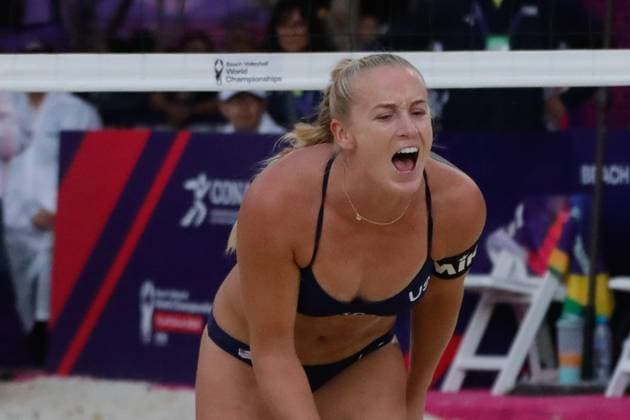 Beach volleyball, Beachvolleyball World Championship, WM, Weltmeisterschaft Women™s Quarterfinals USA Vs Brazil October 13, 2023, Tlaxcala, Mexico: Sara Hughes of USA reacts during the Beach Volleyball World Championship Women s Quarterfinals between USA and Brazil. on October 13, 2023 in Tlaxcala, Mexico. (Photo by Essene Hernandez Eyepix Group) Copyright: xEssenexHernandez xEyepixxGroupx EH_13102023_101415