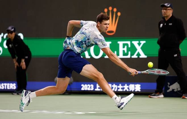 (231014) -- SHANGHAI, Oct. 14, 2023 -- Hubert Hurkacz returns the ball during the men s singles semifinal between Hubert Hurkacz of Poland and Sebastian Korda of the United States at the ATP, Tennis Herren World Tour Shanghai Masters tennis tournament at Qizhong Forest Sports City Arena in Shanghai, east China, Oct. 14, 2023. ) (SP)CHINA-SHANGHAI-TENNIS-ATP TOUR-SHANGHAI MASTERS(CN) WangxLili 