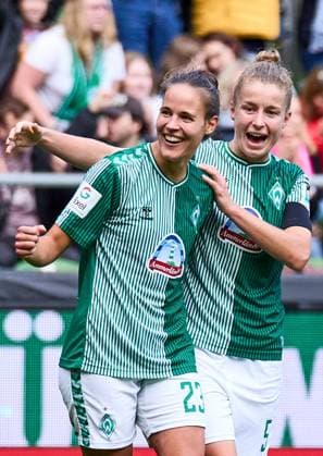 Michelle Ulbrich SV Werder Bremen 05 and Hanna Nemeth SV Werder Bremen 23 cheer and are happy about the victory for Werder Bremen with 3 0 GER, SV Werder Bremen 1 FC Koeln, Soccer, Womens Bundesliga, 4 Matchday, Season 2023 2024, 14 10 2023 GER, SV Werder Bremen 1 FC Koeln, Soccer, Womens Bundesliga, 4 Matchday, Season 2023 2024, 14 10 2023 Bremen Copyright: xEibner-Pressefoto xStephaniexZerx EP_SZE