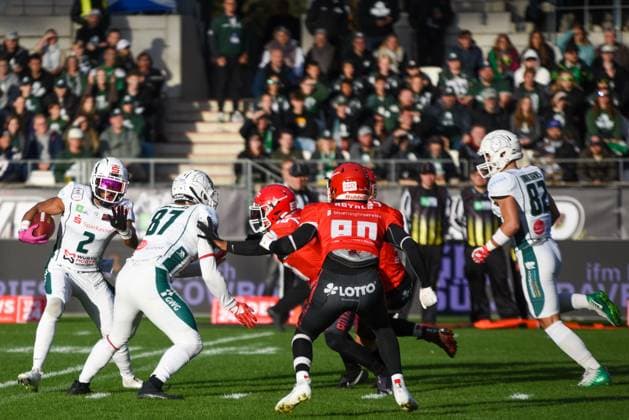 Daronte Smith ERIMA GFL Bowl 2023 Potsdam Royals vs Schwäbisch Hall Unicorns game photos 14 10 2023 Daronte Smith Schwäbisch Hall Unicorns ERIMA GFL Bowl 2023, Potsdam Royals vs Schwäbisch Hall Unicorns on October 14, 2023 at Stadium an der Hafenstraße, Essen, Germany.