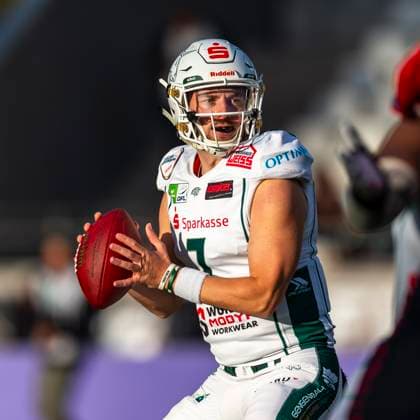 Ian Gehrke 7, quarterback, Schwaebisch Hall Unicorns GER, Potsdam Royals vs Schwaebisch Hall Unicorns, GFL, season 2023, GFL Bowl, finals, 14 10 2023, GER, Potsdam Royals vs Schwaebisch Hall Unicorns, GFL, season 2023, GFL Bowl, finals, 14 10 2023 Essen Copyright: xEibner-Pressefotox EP_FWF