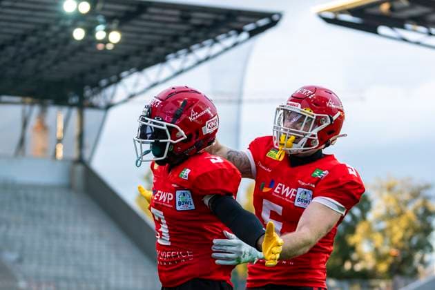 Touchdown cheer Brandon Polk 3, WR, Potsdam Royals with Thomas Jenkins 5, WR, Potsdam Royals GER, Potsdam Royals vs Schwaebisch Hall Unicorns, GFL, season 2023, GFL Bowl, finals, 14 10 2023, GER, Potsdam Royals vs Schwaebisch Hall Unicorns, GFL, season 2023, GFL Bowl, finals, 14 10 2023 Essen Copyright: xEibner-Pressefotox EP_FWF