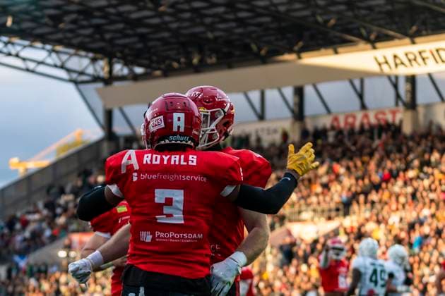 Touchdown cheer Brandon Polk 3, WR, Potsdam Royals GER, Potsdam Royals vs Schwaebisch Hall Unicorns, GFL, season 2023, GFL Bowl, finals, 14 10 2023, GER, Potsdam Royals vs Schwaebisch Hall Unicorns, GFL, season 2023, GFL Bowl, finals, 14 10 2023 Essen Copyright: xEibner-Pressefotox EP_FWF