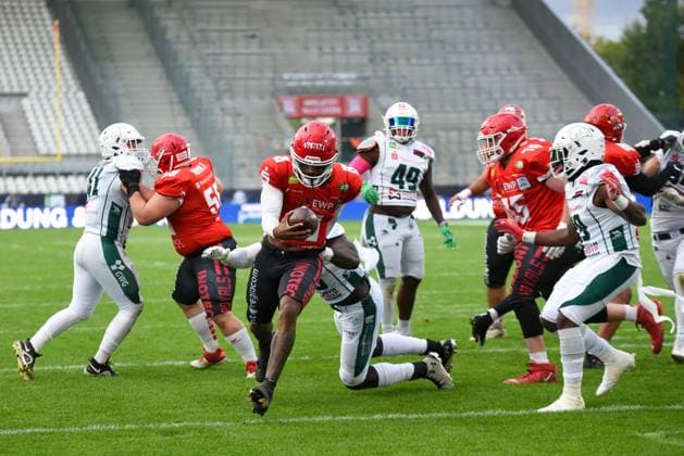 Jaylon Henderson ERIMA GFL Bowl 2023 Potsdam Royals vs Schwäbisch Hall Unicorns game photos 14 10 2023 Jaylon Henderson Potsdam Royals touchdown ERIMA GFL Bowl 2023, Potsdam Royals vs Schwäbisch Hall Unicorns on October 14, 2023 at Stadion an der Hafenstraße, Essen, Germany
