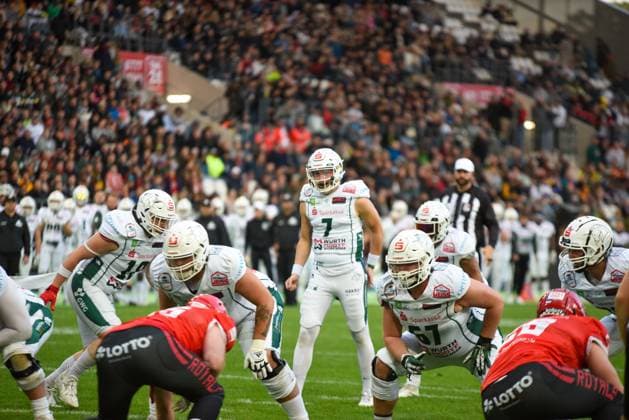 Game scenes ERIMA GFL Bowl 2023 Potsdam Royals vs Schwäbisch Hall Unicorns game photos 14 10 2023 Game scenes ERIMA GFL Bowl 2023, Potsdam Royals vs Schwäbisch Hall Unicorns on 14 October 2023 at the stadium on Hafenstraße, Essen, Germany