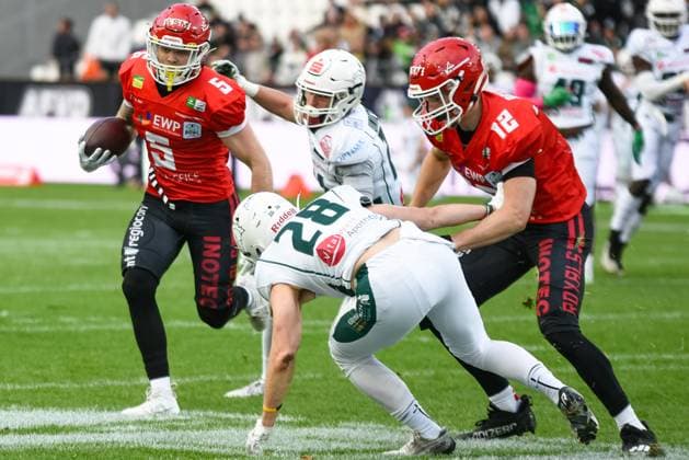 Thomas Jenkins ERIMA GFL Bowl 2023 Potsdam Royals vs Schwäbisch Hall Unicorns game photos 14 10 2023 Thomas Jenkins Potsdam Royals touchdown ERIMA GFL Bowl 2023, Potsdam Royals vs Schwäbisch Hall Unicorns on October 14, 2023 at Stadion an der Hafenstraße, Essen, Germany.